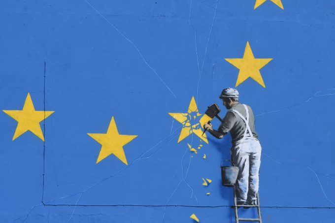 October 2017, Dover UK Art work of Banksy in Dover depicting worker chisling away one of the stars of the European Union, symbolizing the Brexit. Photo Teun Voeten, ©imago/Reporters